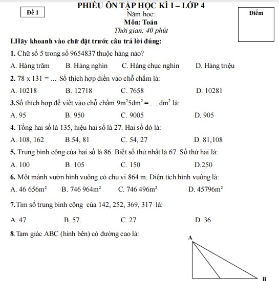 Đề cương Toán 4 học kì 1