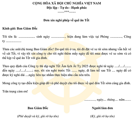 Đơn xin nghỉ phép về quê ăn Tết