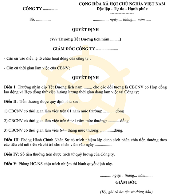 Mẫu quyết định thưởng Tết Dương lịch