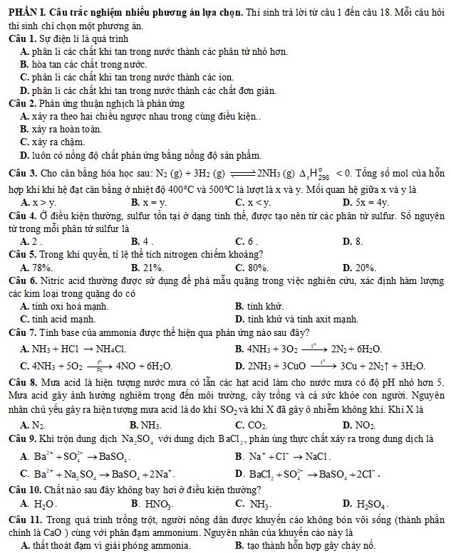 Đề thi học kì 1 Hóa 11 chương trình mới
