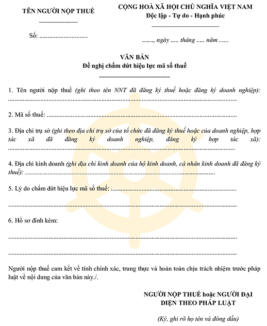 Văn bản đề nghị chấm dứt hiệu lực mã số thuế