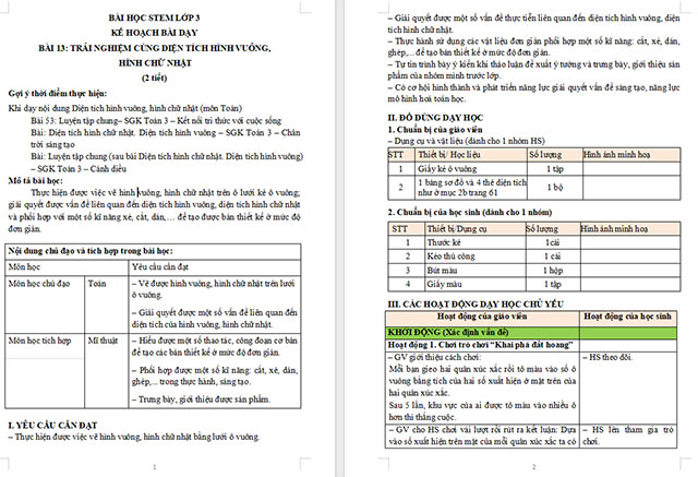 Giáo án Word STEM Trải nghiệm cùng diện tích hình vuông, hình chữ nhật