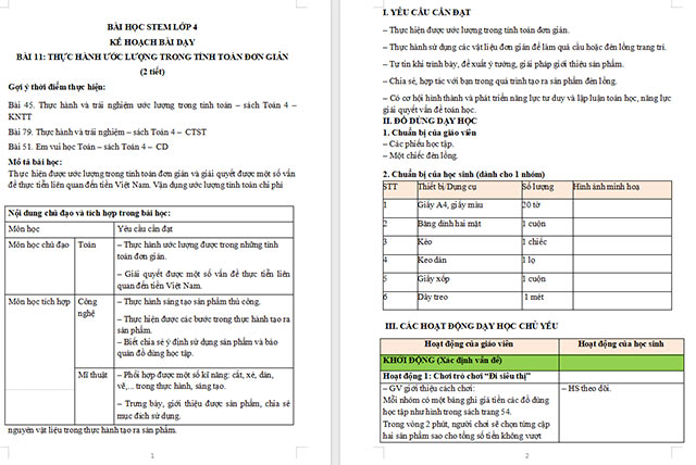 Giáo án Word STEM Thực hành ước lượng trong tính toán đơn giản