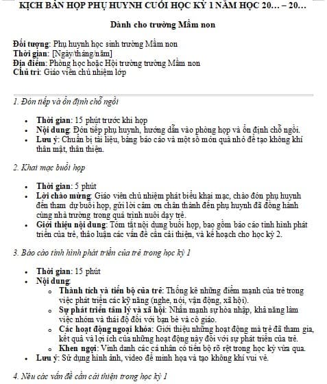 Kịch bản chương trình họp phụ huynh học kì 1 trường mầm non, mẫu giáo