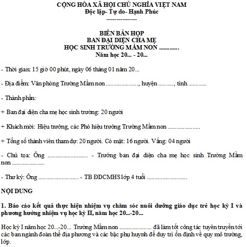Biên bản họp phụ huynh cuối kì 1 mầm non