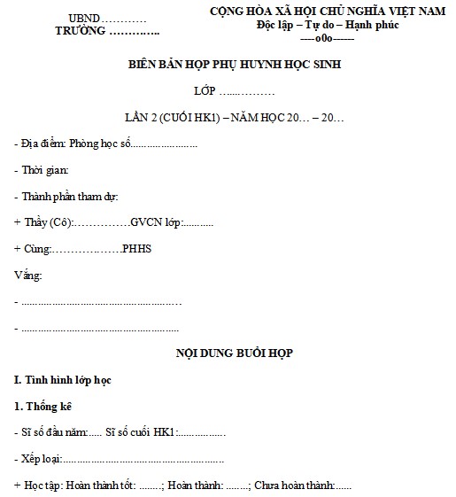 Biên bản họp phụ huynh cuối kì 1 Tiểu học