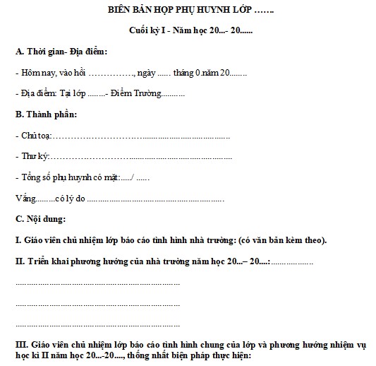 Biên bản họp phụ huynh cuối kì 1 THCS