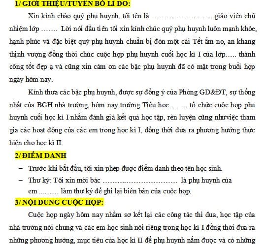 Kịch bản chương trình họp phụ huynh học kì 1