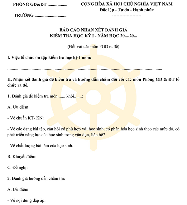 Báo cáo nhận xét đánh giá kiểm tra học kỳ 1