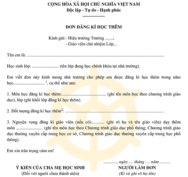 Đơn đăng ký học thêm của học sinh theo từng môn học ở từng khối lớp