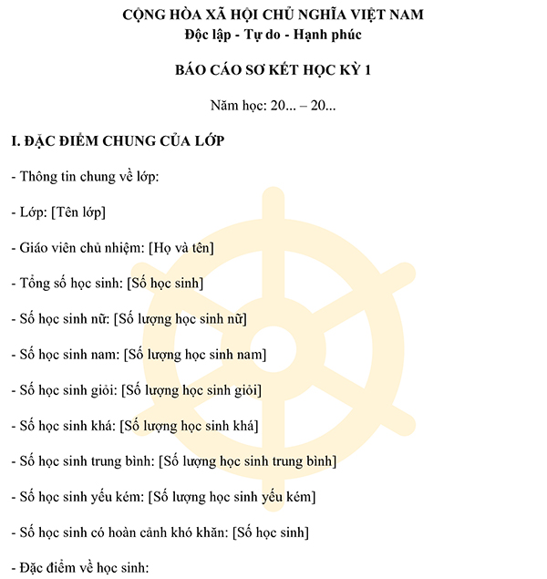 Báo cáo của giáo viên chủ nhiệm cuối học kỳ 1