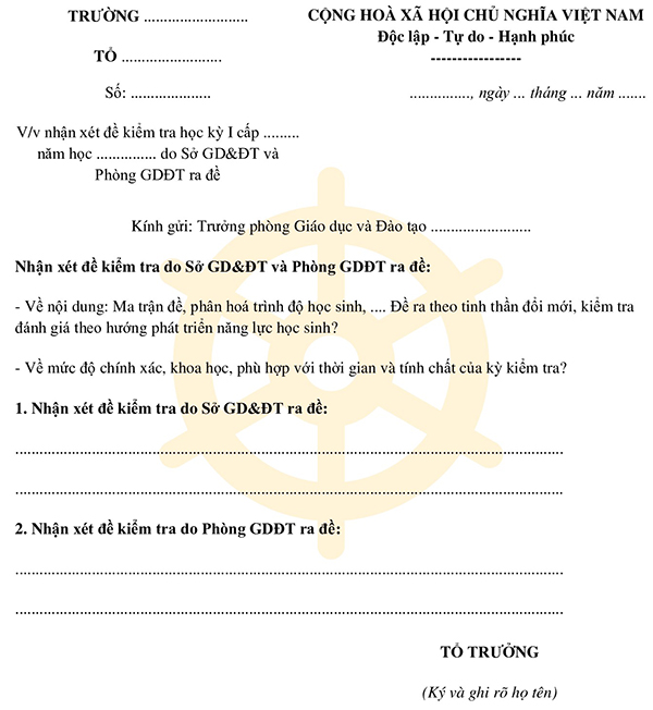 Mẫu nhận xét đề kiểm tra của học kỳ I