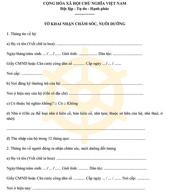Tờ khai nhận chăm sóc, nuôi dưỡng mới nhất