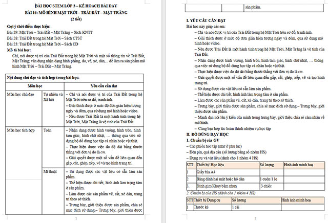 Giáo án Word STEM Mô hình Mặt Trời - Trái Đất - Mặt Trăng