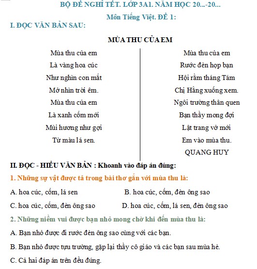 Bài tập Tết lớp 3