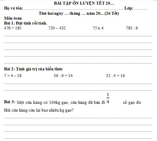 Bài tập Tết môn Toán lớp 3