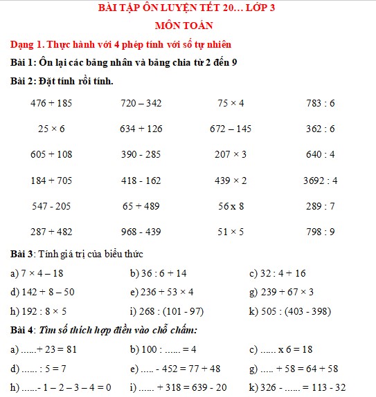 Bài tập Tết lớp 3