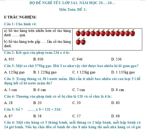 Bài tập Tết lớp 3