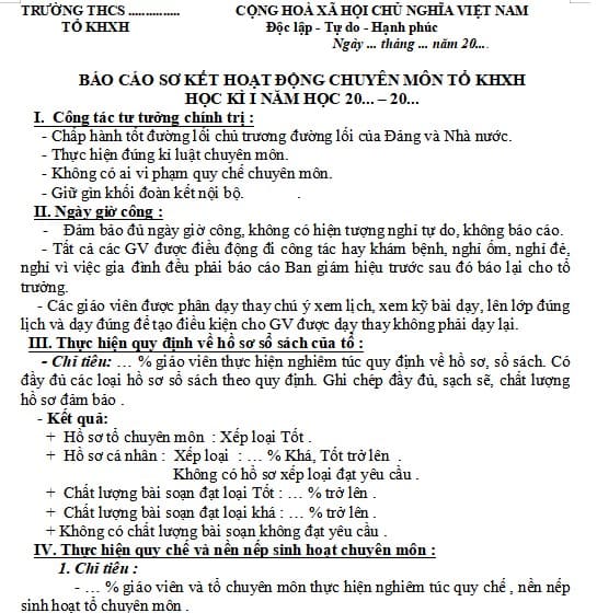 Báo cáo sơ kết học kì 1 tổ khoa học xã hội