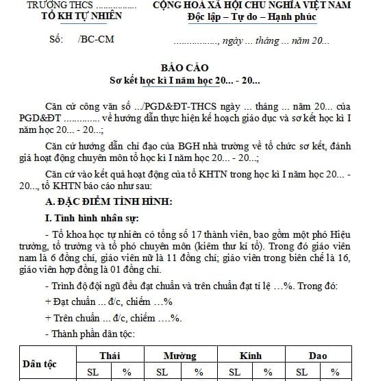 Báo cáo sơ kết học kì 1 tổ khoa học tự nhiên