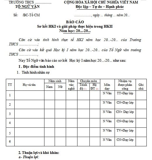 Báo cáo sơ kết học kì 1 tổ Ngữ văn
