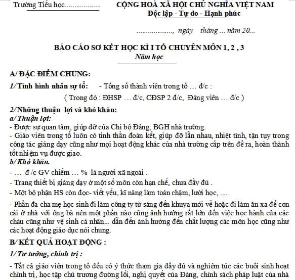 Báo cáo sơ kết học kì 1 tổ chuyên môn lớp 1+2+3