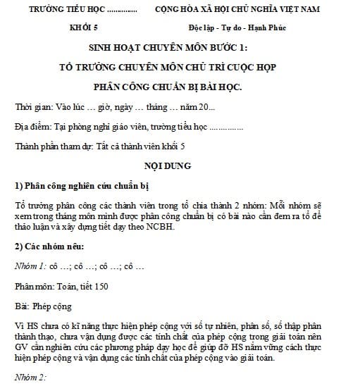 Biên bản sinh hoạt chuyên môn Tiểu học