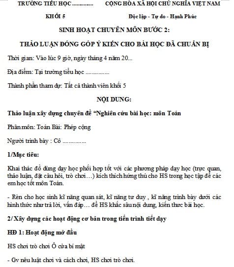 Bản nội dung ghi chép sinh hoạt chuyên môn