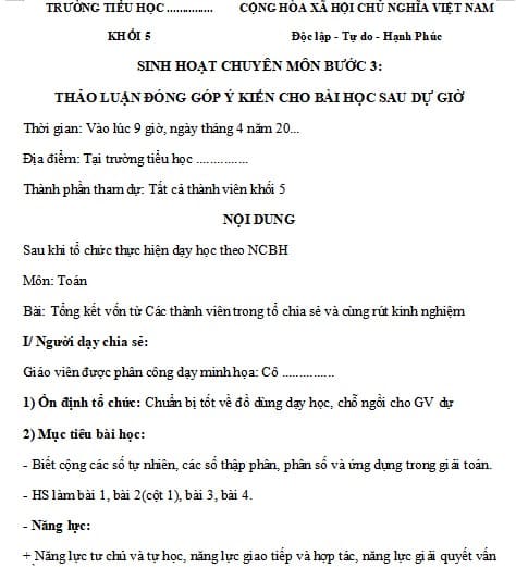 Mẫu biên bản sinh hoạt chuyên môn, chuyên đề