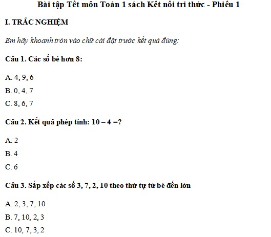 Bài tập Tết lớp 1 môn Toán sách Kết nối tri thức