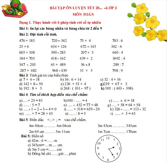 Bài tập Tết lớp 3 môn Toán