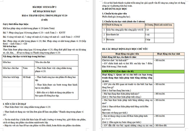Giáo án Word STEM Thanh cộng trong phạm vi 20