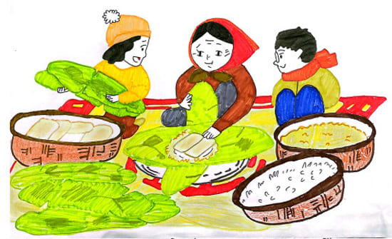 Vẽ tranh ngày Tết gói bánh chưng của học sinh