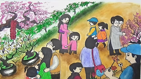 Tranh vẽ chợ hoa xuân ngày tết