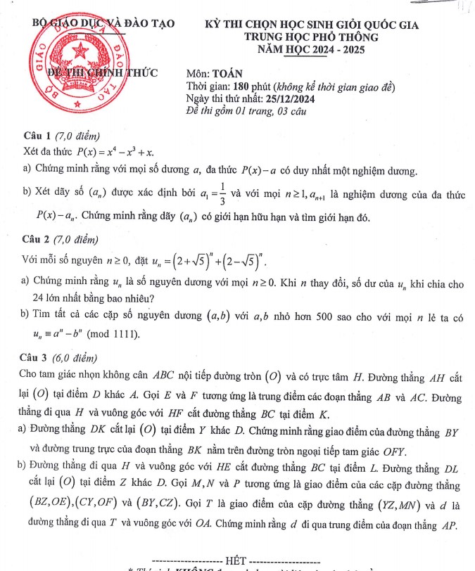 Đáp án thi học sinh giỏi Toán quốc gia THPT