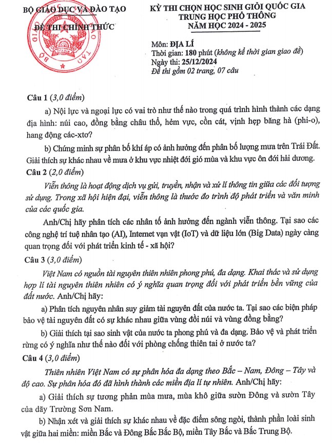 Đáp án thi học sinh giỏi quốc gia môn Địa THPT