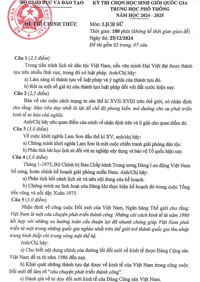 Đáp án thi học sinh giỏi quốc gia môn Sử THPT