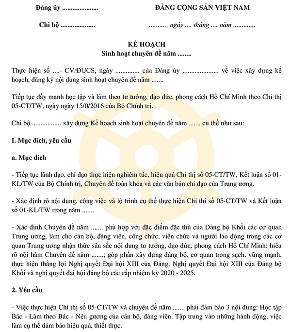 Kế hoạch sinh hoạt chuyên đề của chi bộ