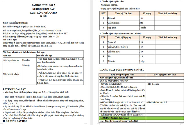 Giáo án Word STEM Làm bảng nhân, chia tiện ích