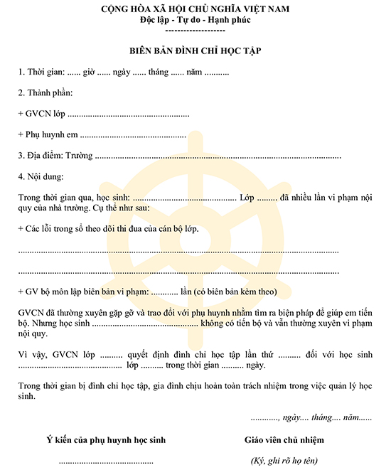 Mẫu biên bản đình chỉ học tập
