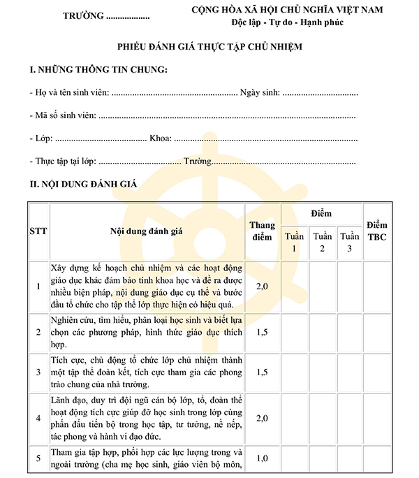 Phiếu tổng hợp đánh giá, xếp loại nội dung thực tập làm chủ nhiệm lớp
