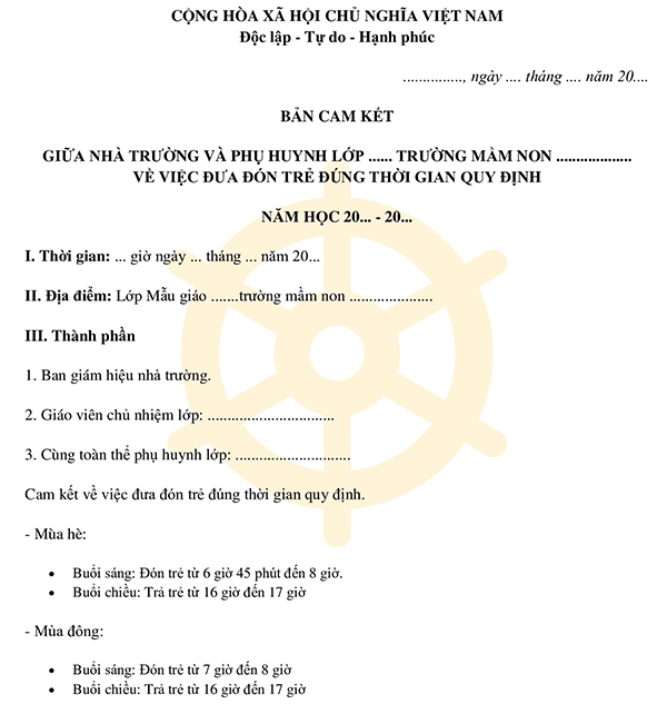 Bản cam kết đưa đón trẻ đến trường mầm non