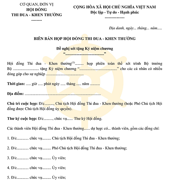 Biên bản họp hội đồng thi đua khen thưởng đề nghị xét tặng kỷ niệm chương
