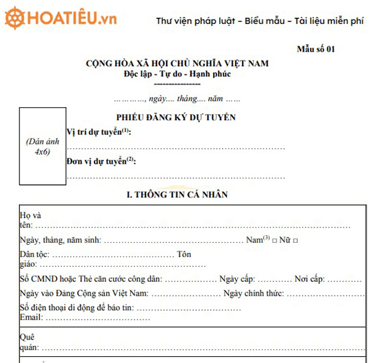 Phiếu đăng ký dự tuyển công chức