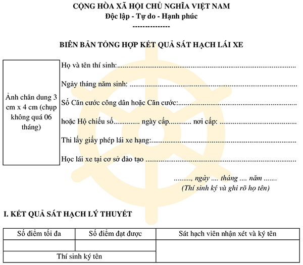 Biên bản tổng hợp kết quả sát hạch lái xe mới nhất