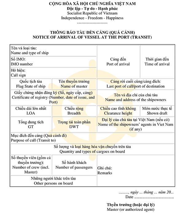 Mẫu thông báo tàu đến cảng