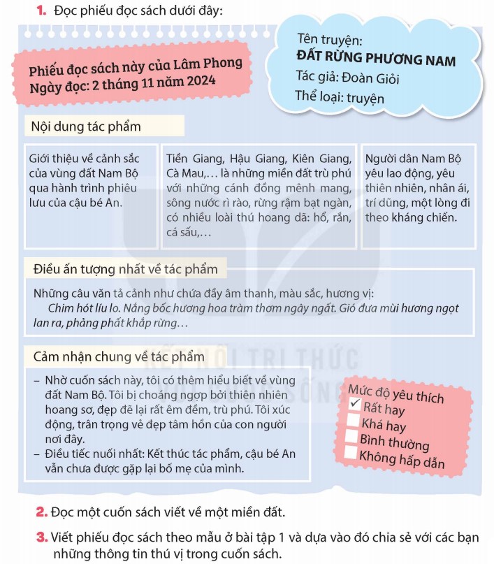 Đọc một cuốn sách viết về một miền đất và viết vào phiếu đọc sách theo mẫu