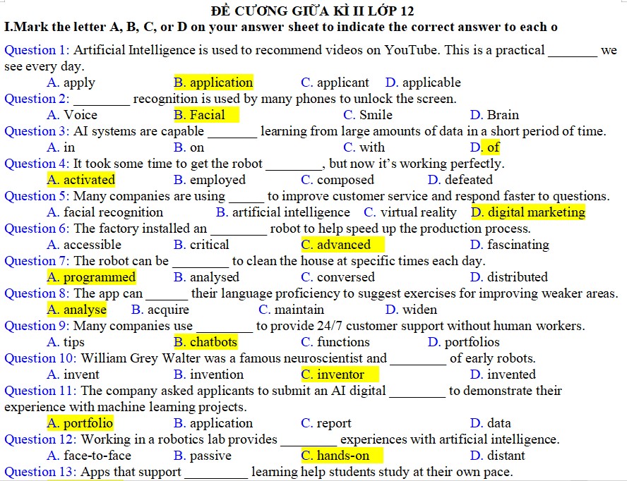 Đề cương ôn tập giữa kì 2 Tiếng Anh 12 Global Success