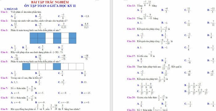 Trắc nghiệm ôn tập giữa HK2 Toán 6 Chân Trời Sáng