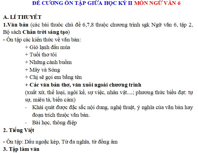 Đề cương ôn tập giữa kì 2 Văn 6 Chân trời sáng tạo